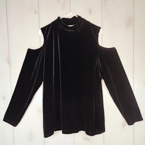 Susan Graver Black Velvet Mock Neck Cold Shoulder Top 1X Whimsigoth Holiday